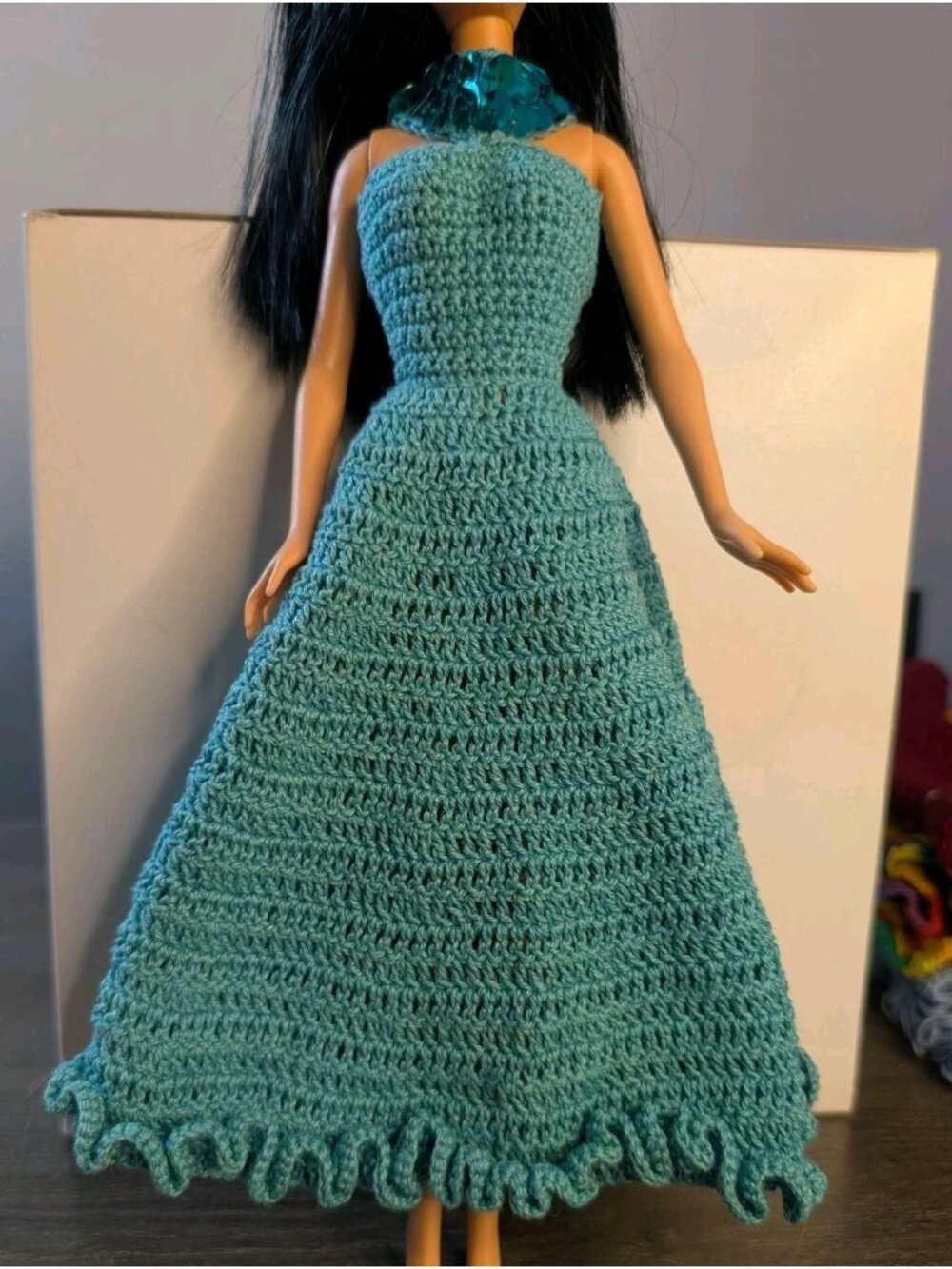 Handmade Crochet Barbie Turquoise Evening Gown w Sequin Halter Collar – 60s Glam